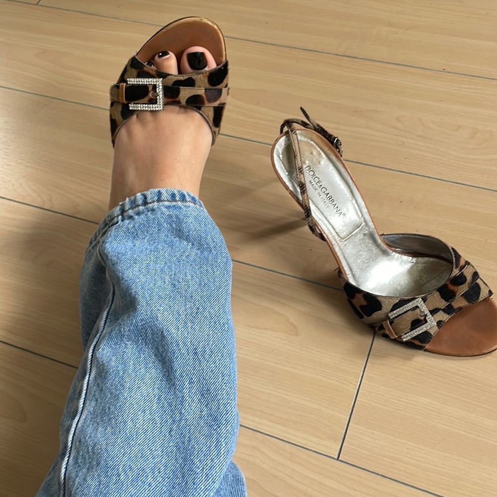 DOLCE & GABBANA Leopard Pony Hair Ankle Strap Crystal Buckle Sandals Heels 39